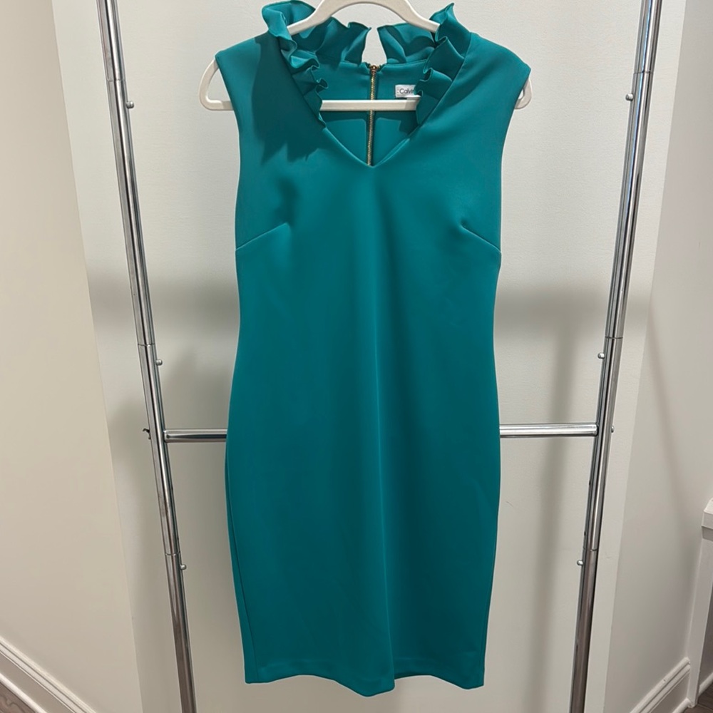 Calvin Klein Green-Teal Ruffled Neckline Sheath Dress with Gold Back Zipper